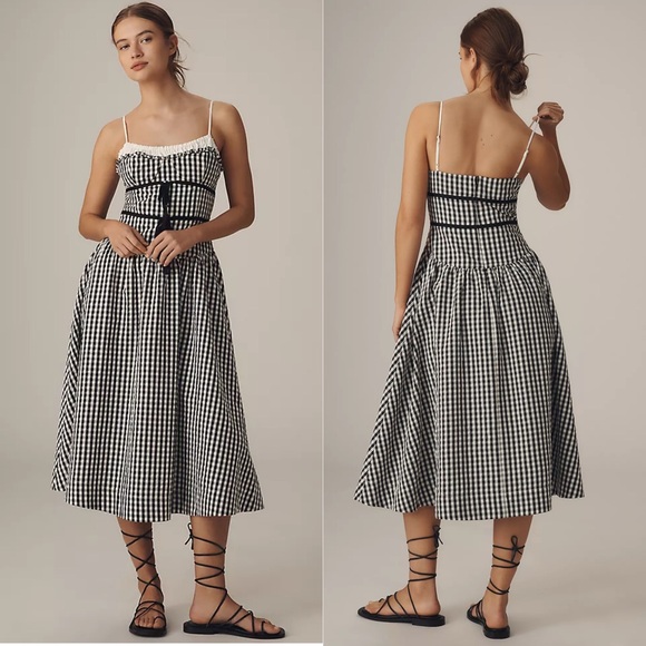 For Love &amp; Lemons Gingham Sweetheart Neck Midi Dress